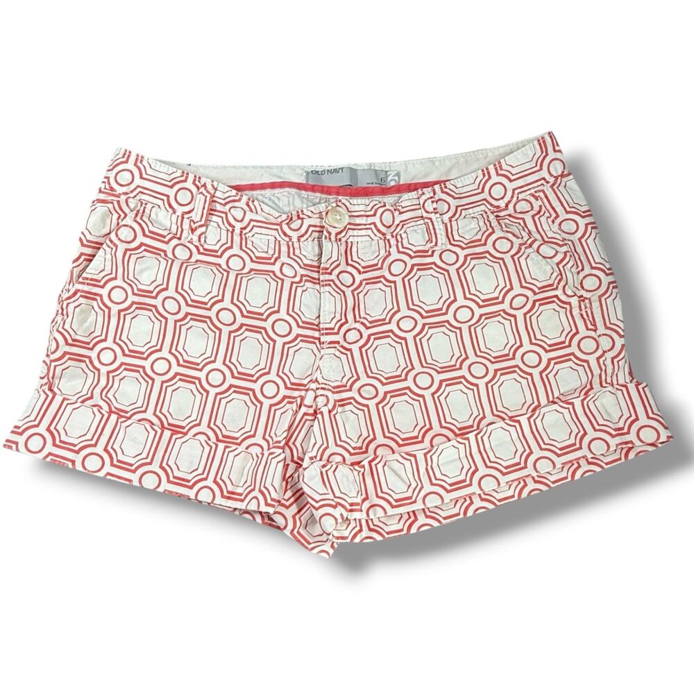 Old Navy Geometric Print Low Rise Cotton Shorts Red White Womens Size 6 Coastal